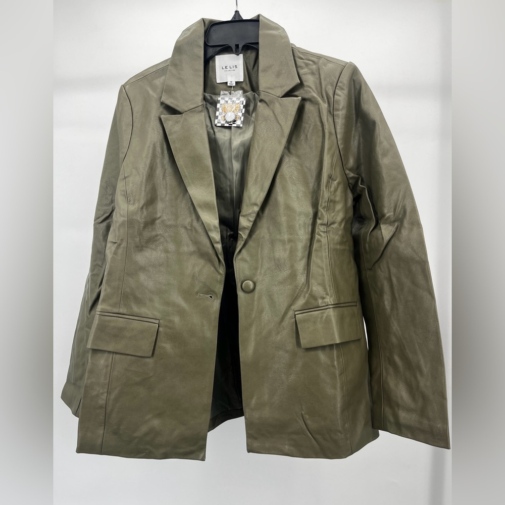 Le Lis By LALA Olive Green Vegan Leather Women’s Blazer Jacket With Pockets